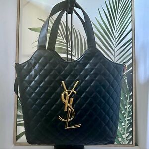 Elegant Black Quilted Fashion Inspired Tote with Gold Accents